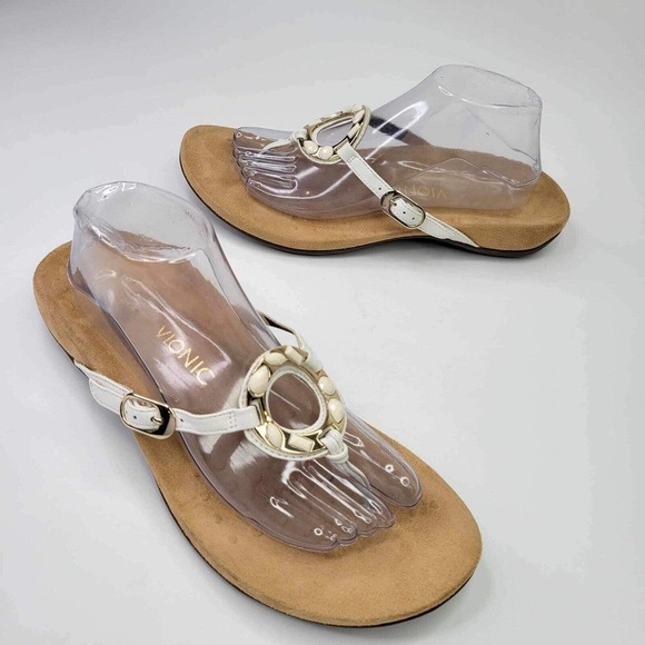 Vionic Sandal Ricci White Leather Jeweled Beaded Thong Orthaheel Comfort - Picture 1 of 10